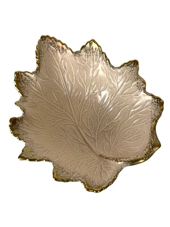 California Pottery Other - Vintage California Pottery Leaf-Shaped Bowl Pink Gold Trim 105 Mid Century USA